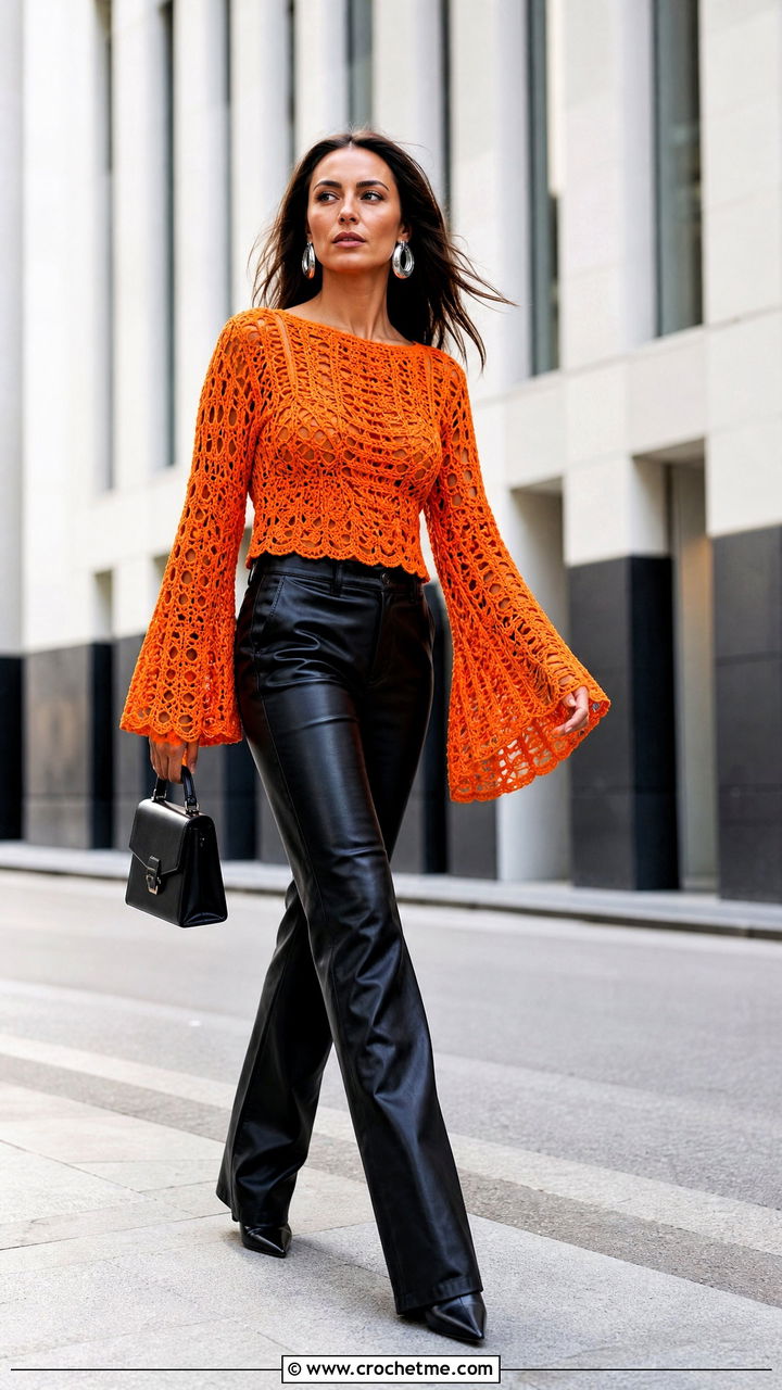 Bell Sleeve Crochet Top With Leather Pants - 35 styling crochet tops outfit ideas