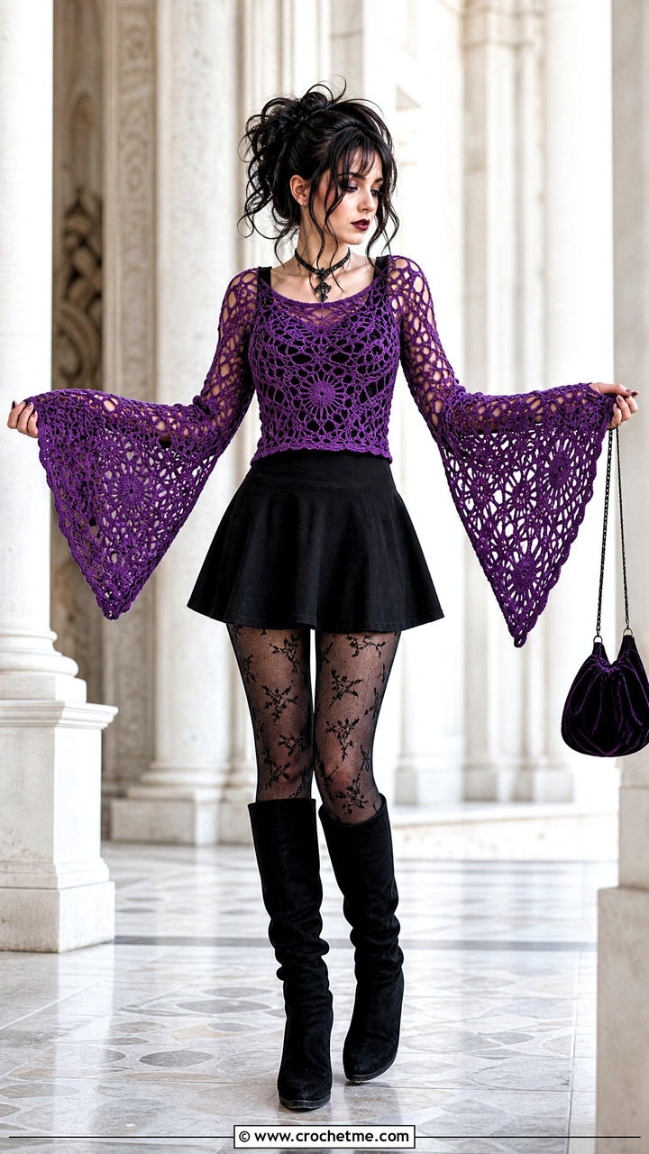 Bell Sleeve Crochet Top With Mini Skirt - 35 goth crochet top outfit ideas