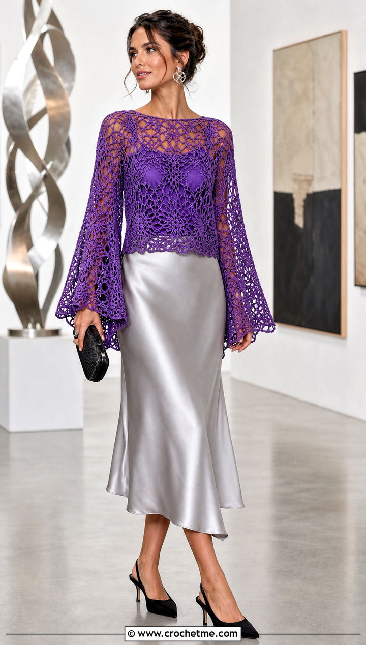 Bell Sleeve Crochet Top With Satin Midi Skirt - 25 aesthetic long sleeve crochet tops outfit ideas