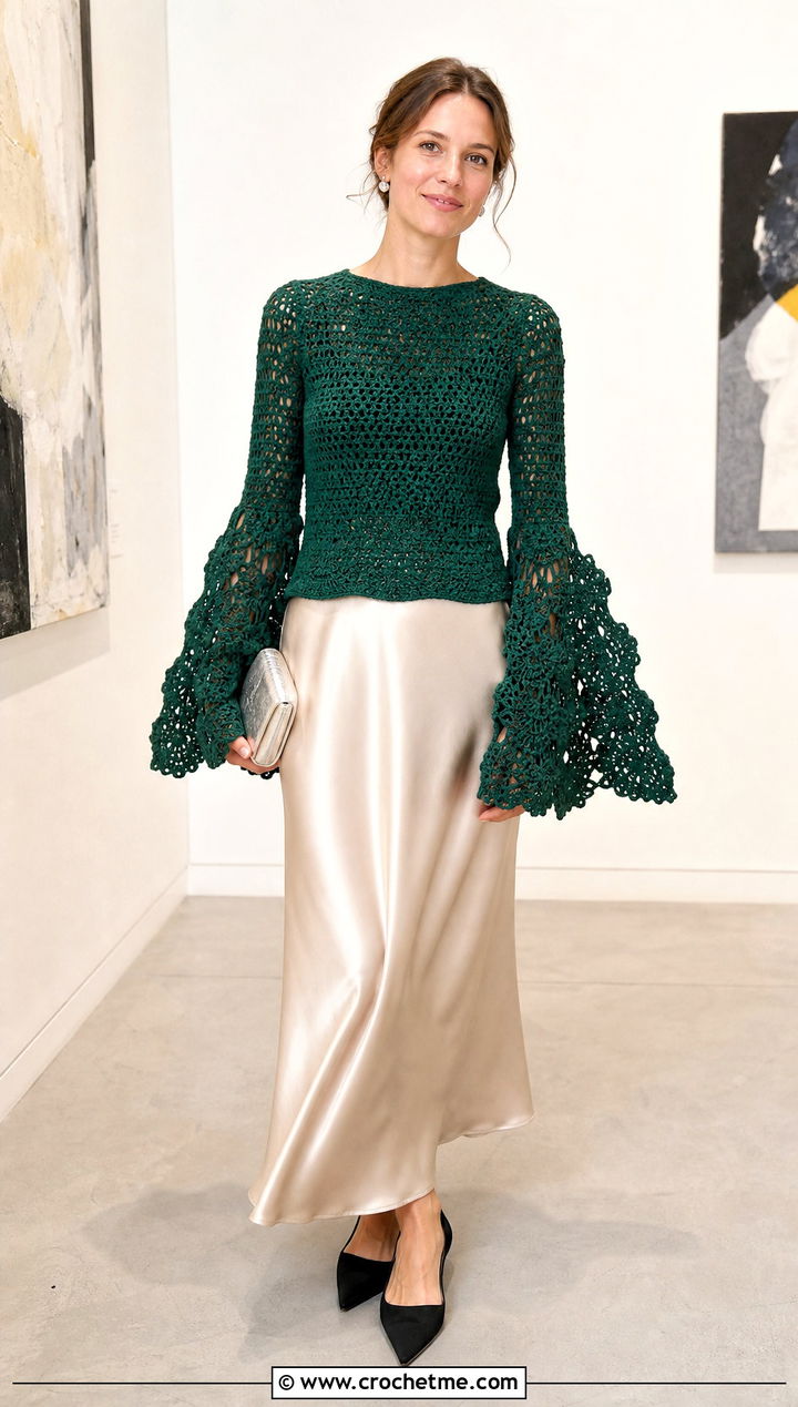 Bell Sleeve Crochet Top With Satin Slip Skirt - 30 diy crochet top outfit ideas