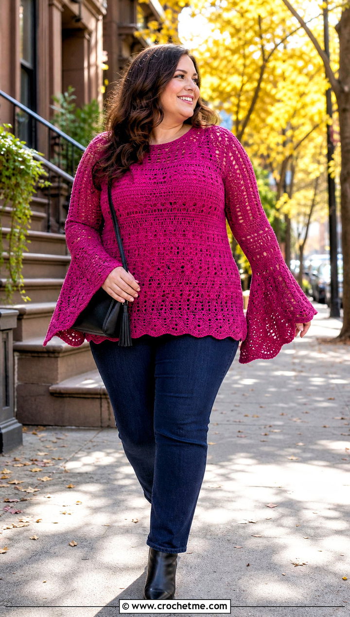 Bell Sleeve Crochet Top With Slim Jeans - 25 Xxl Crochet Top outfit ideas