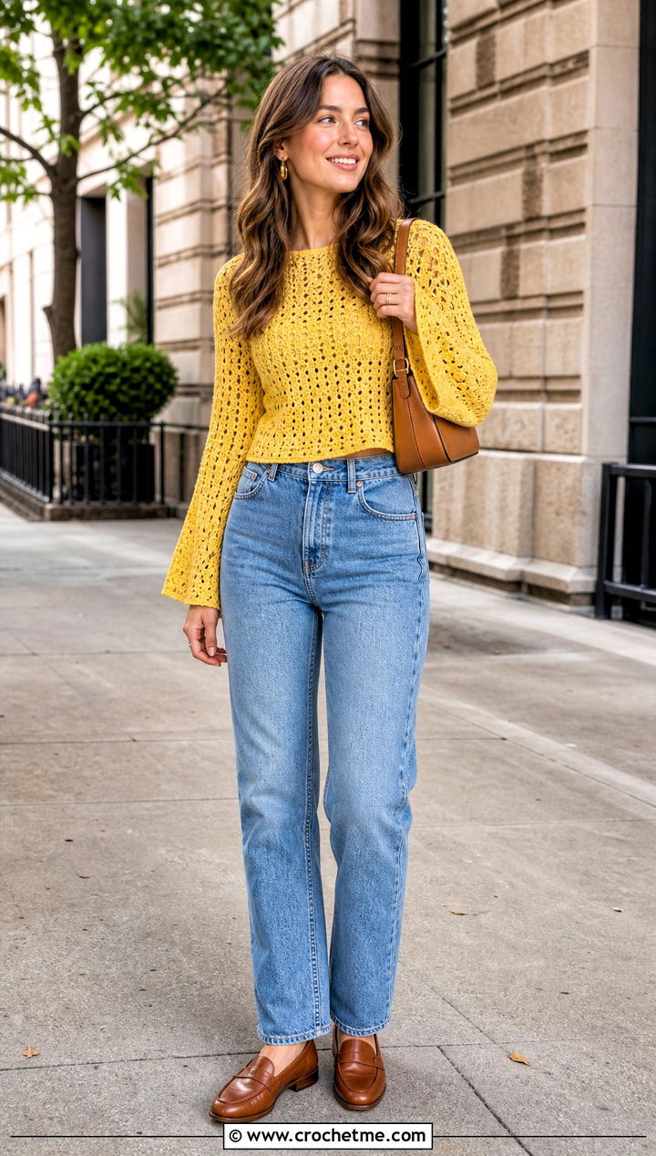 Bell Sleeve Crochet Top With Straight Leg Jeans - 35 crochet top sleeves outfit ideas