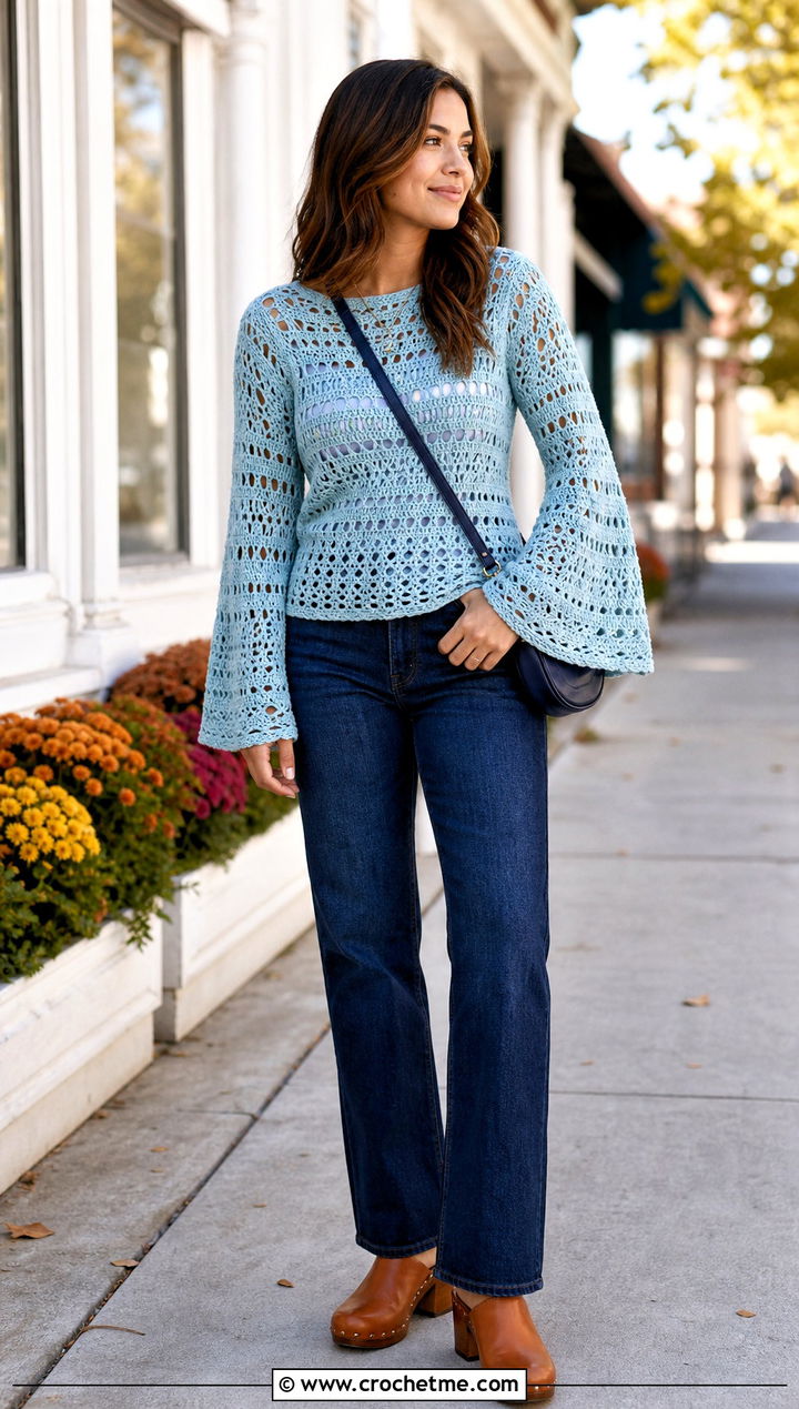Bell Sleeve Crochet Top With Straight Leg Jeans - 30 form crochet top outfit ideas