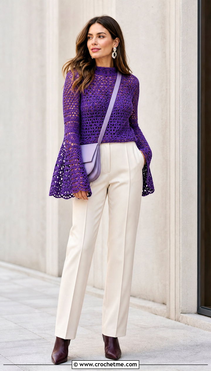 Bell Sleeve Crochet Top With Straight Leg Pants - 35 crochet long sleeve tops outfit ideas