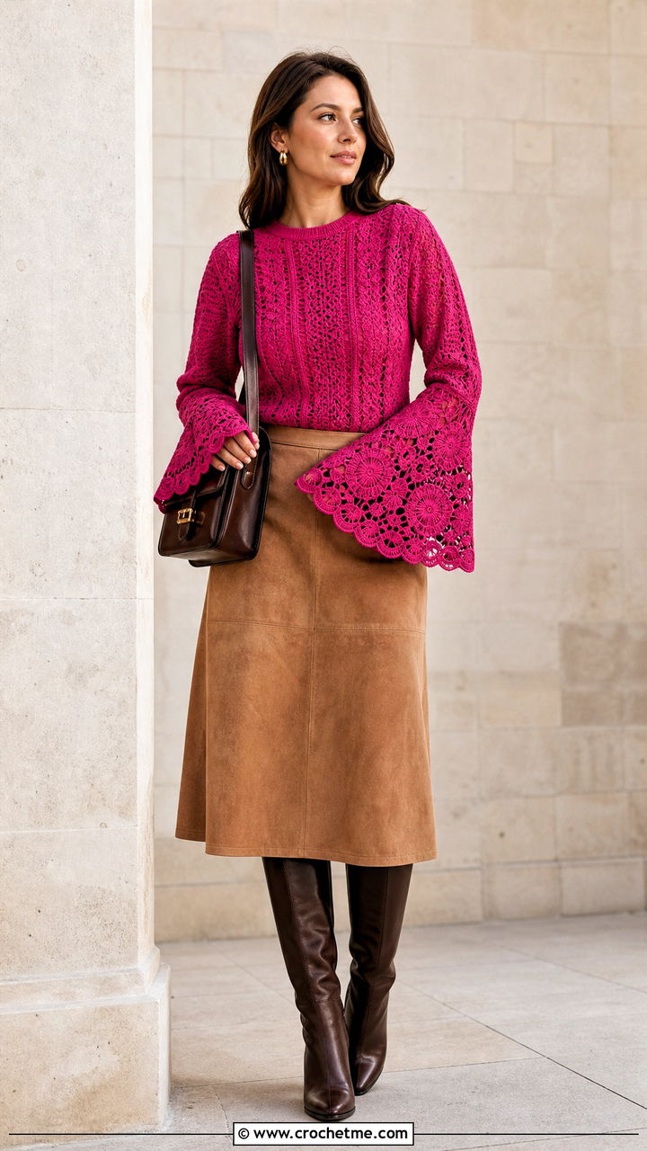 Bell Sleeve Crochet Top With Suede Midi Skirt - 35 simple crochet top outfit ideas
