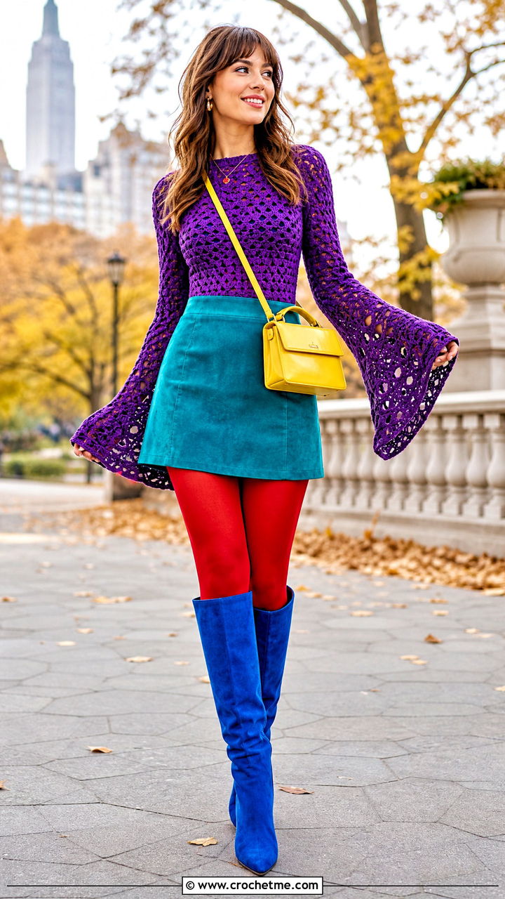 Bell Sleeve Crochet Top With Suede Mini Skirt - 35 crochet ladies tops outfit ideas