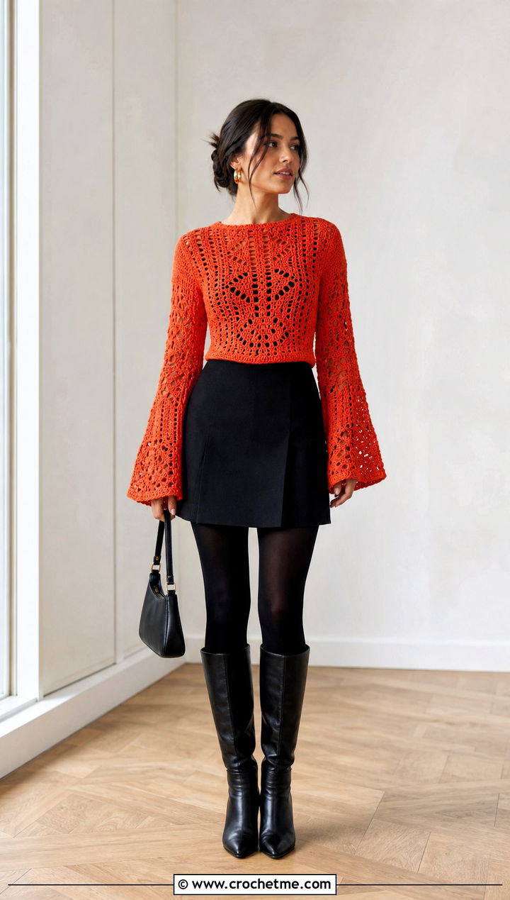 Bell Sleeve Crochet Top With Tailored Mini Skirt - 35 Easy Crochet Top outfit ideas
