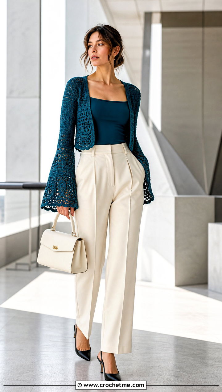 Bell Sleeve Crochet Top With Tailored Trousers - 25 Crochet Top Ideas With Sleeves