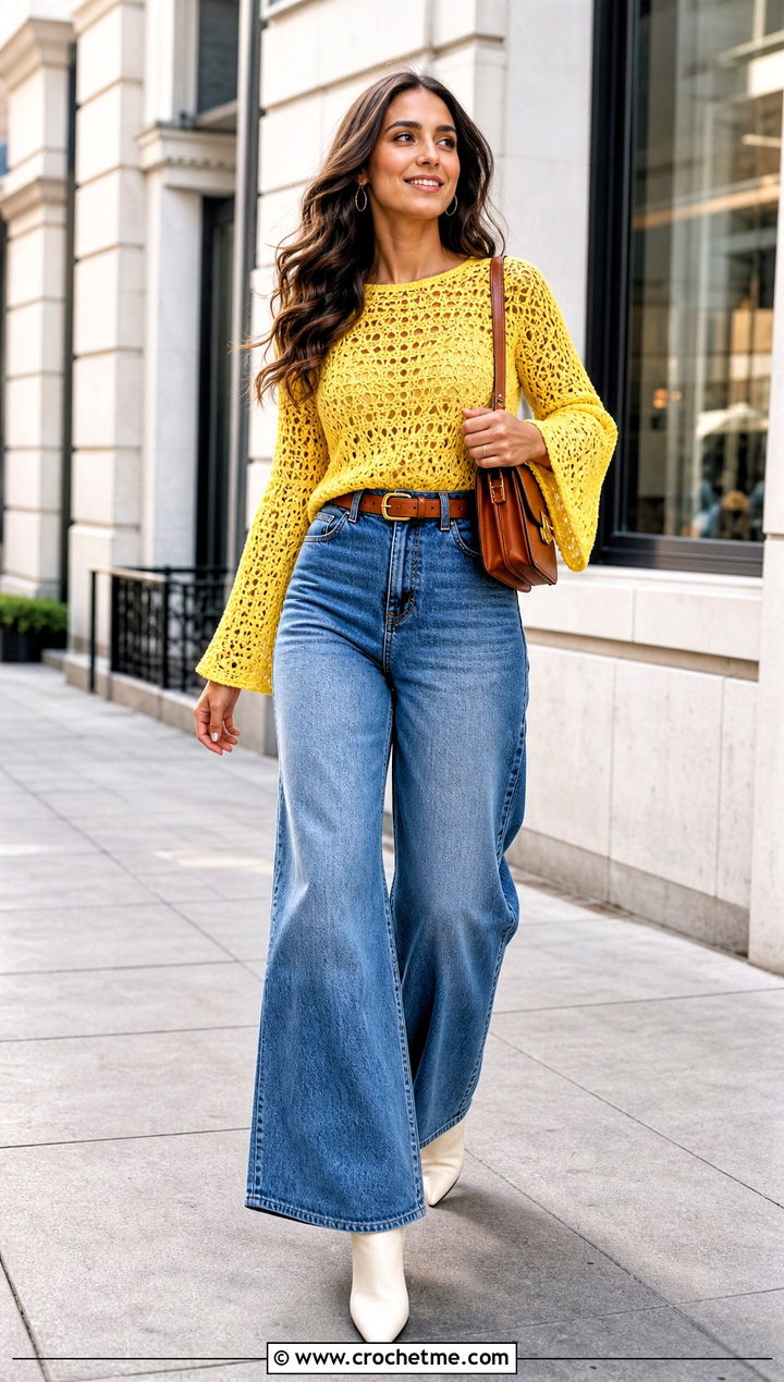 Bell Sleeve Crochet Top With Wide Leg Jeans - 35 crochet sleeve top outfit ideas