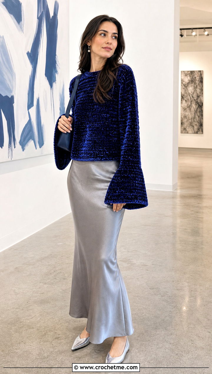 Bell Sleeve Crochet Velvet Sweater With Slip Skirt - 20 Crochet Velvet Sweater outfit ideas
