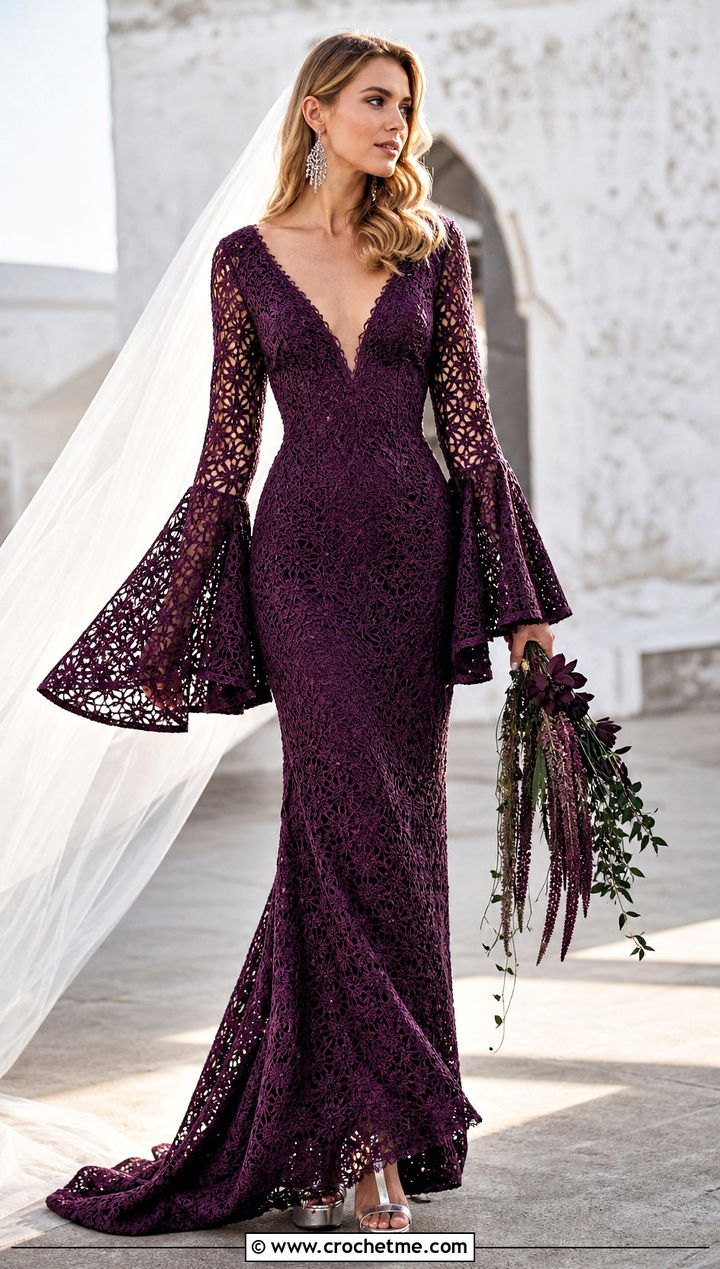 Bell Sleeve Crochet Wedding Dress With Platform Heels - 15 crochet wedding dress inspiration outfit ideas