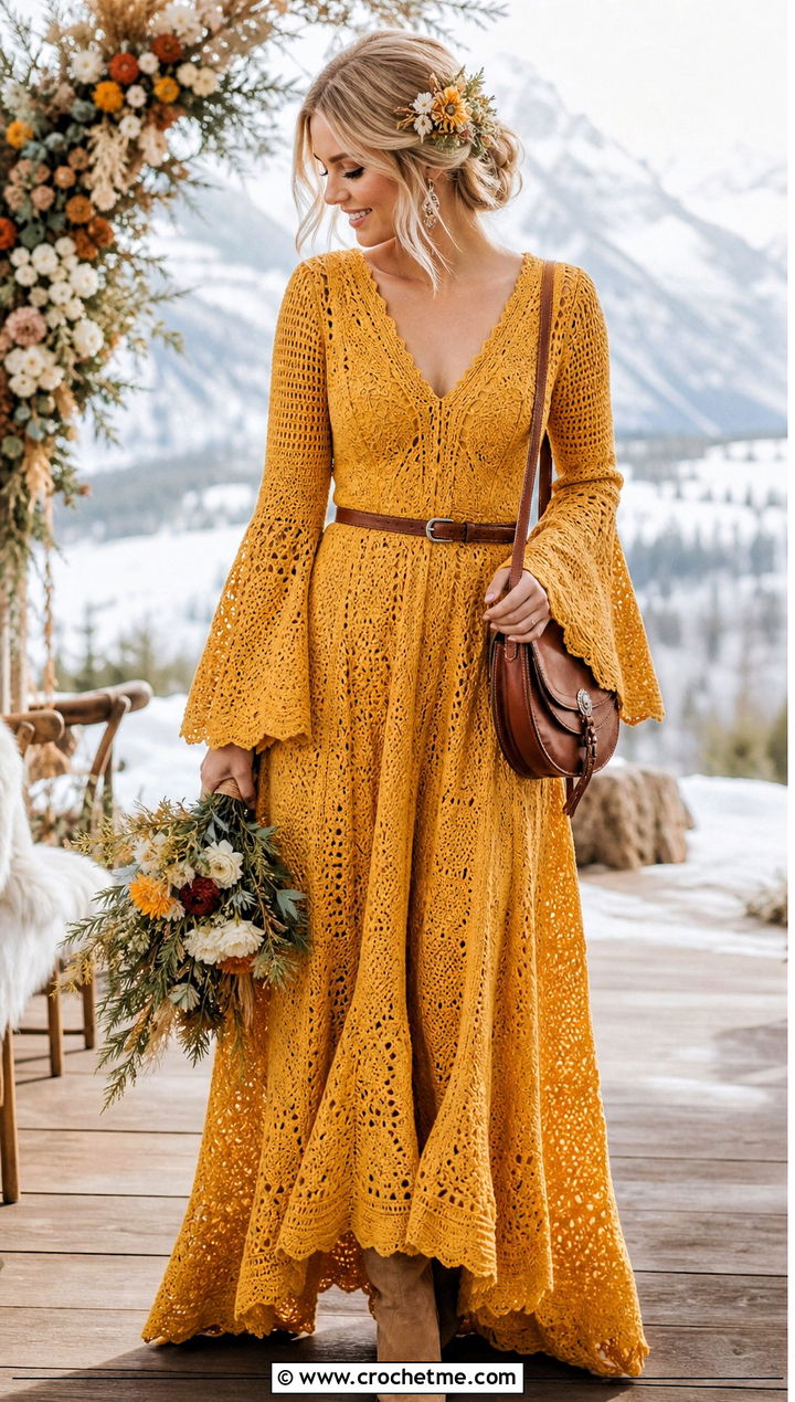Bell Sleeve Crochet Wedding Gown With Suede Boots - 30 crochet wedding dress gowns outfit ideas