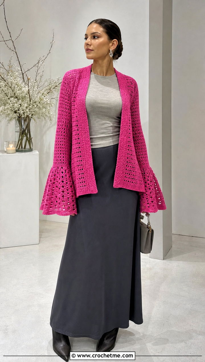 Bell Sleeve Crochet Winter Cardigan With A Maxi Skirt - 25 crochet winter cardigan outfit ideas