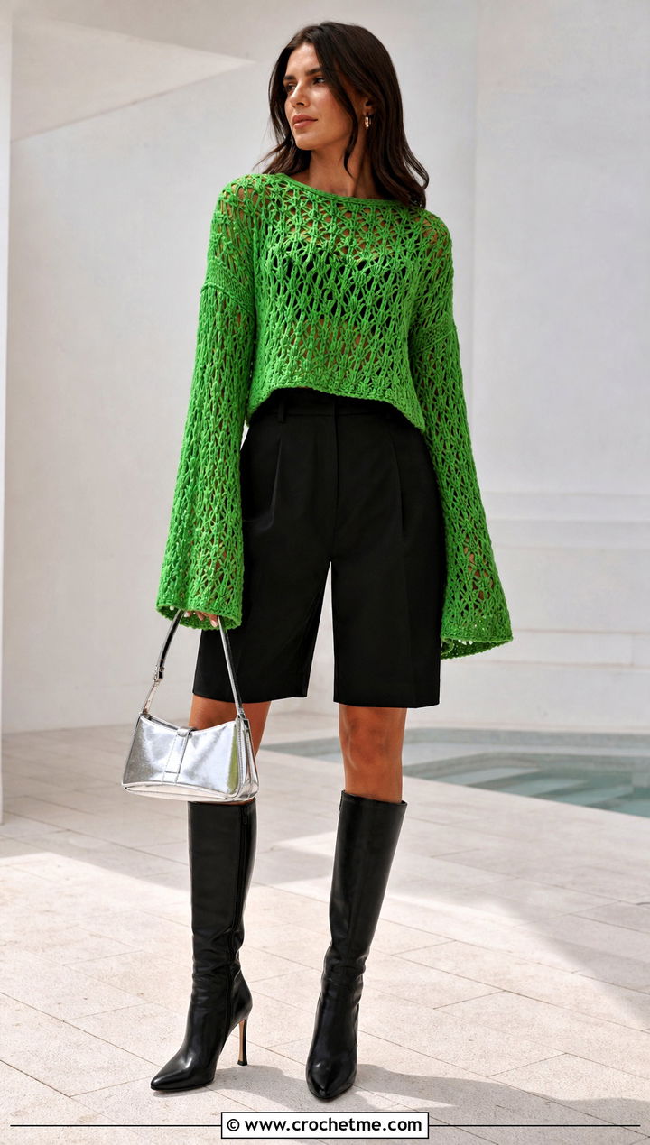 Bell Sleeve Crochet Wool Top With Tailored Shorts - 35 crochet wool top outfit ideas