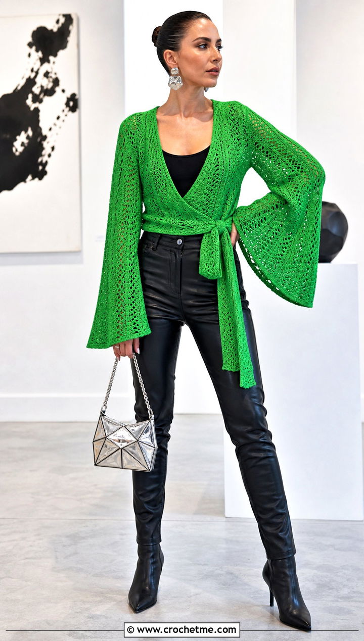 Bell Sleeve Crochet Wrap Shirt With Leather Pants - 30 crochet wrap shirt outfit ideas