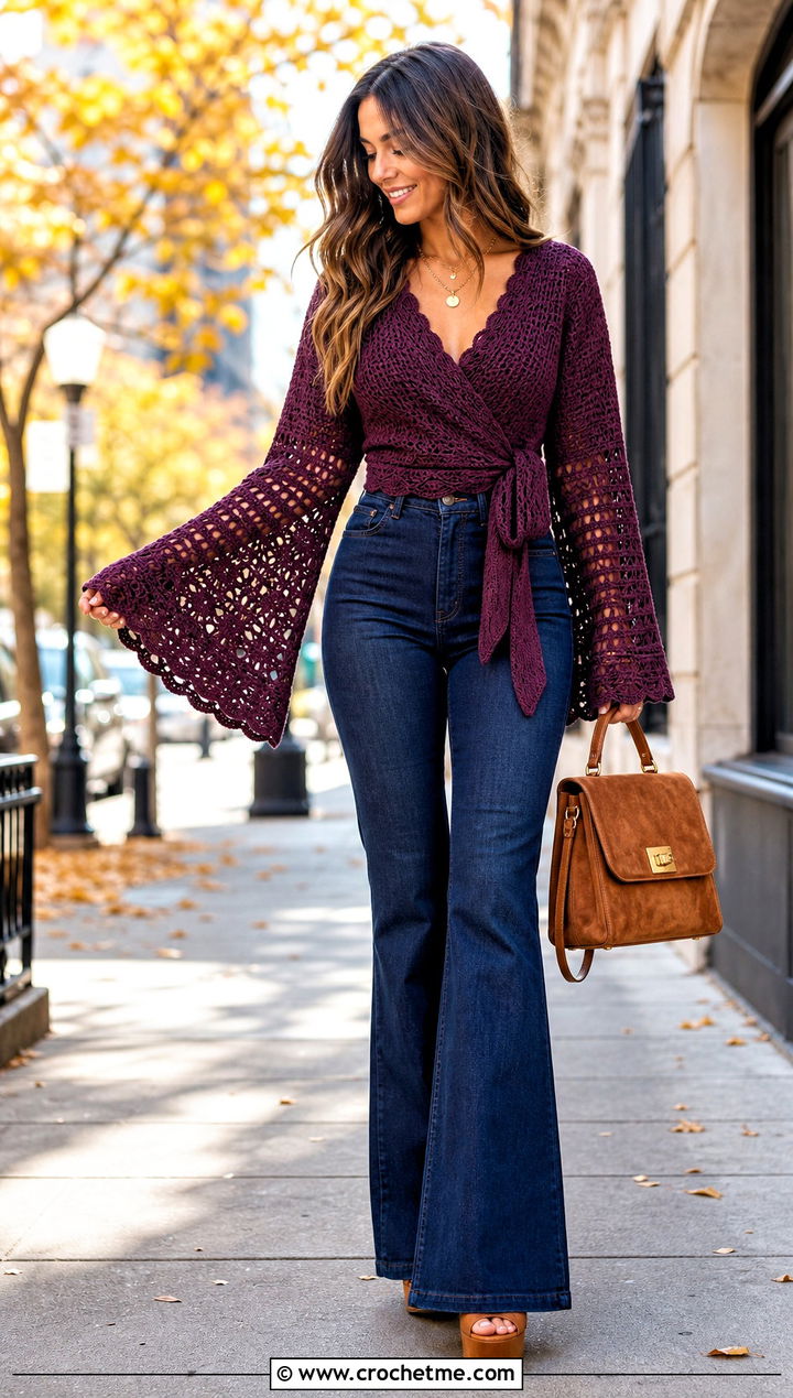 Bell Sleeve Crochet Wrap Top With Flared Jeans - 25 wrap around crochet top outfit ideas