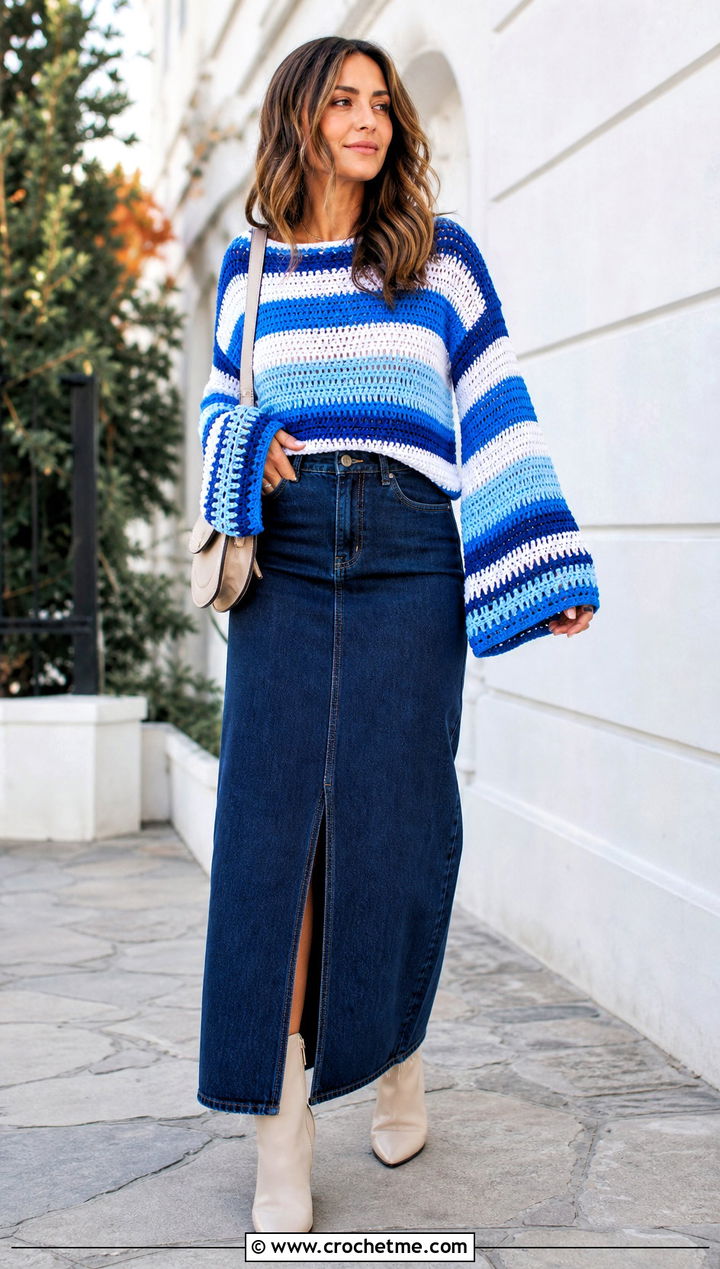 Bell Sleeve Crocheted Striped Sweater With Denim Maxi Skirt - 20 Crocheted Striped Sweater outfit ideas