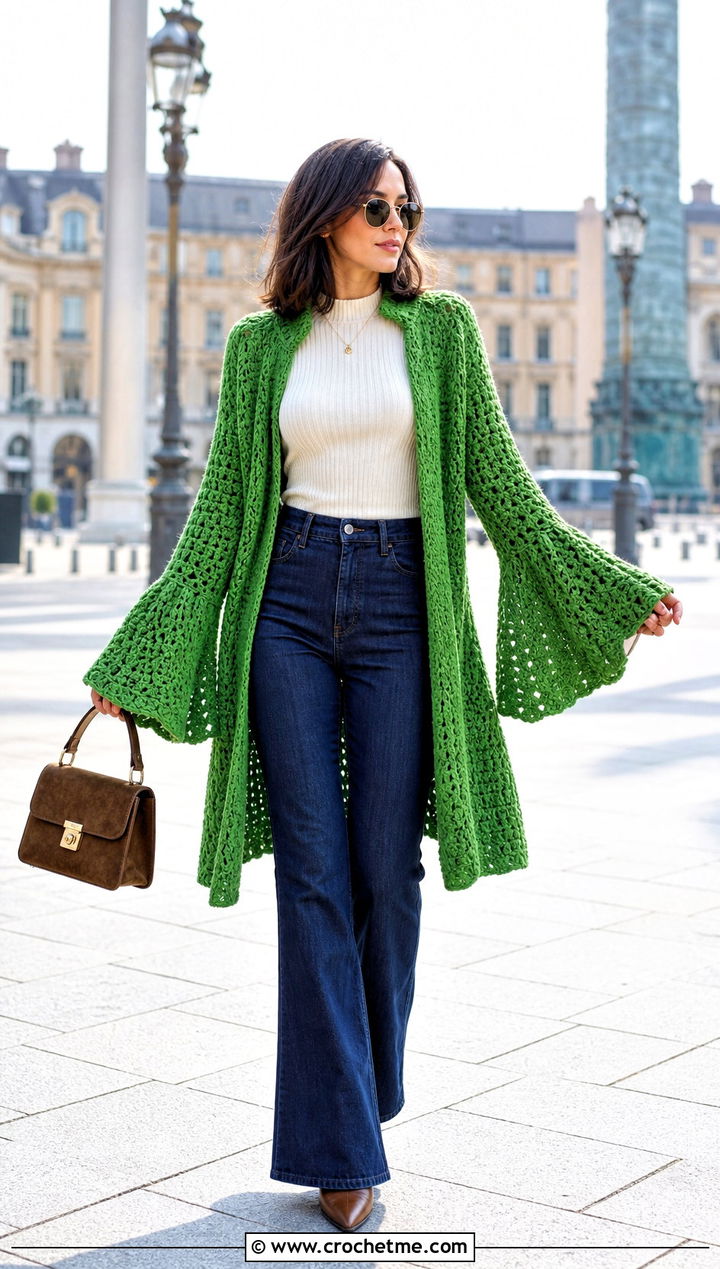 Bell Sleeve Crocheted Sweater Coat With Flared Jeans - 15 colorful crocheted sweater coat outfit ideas