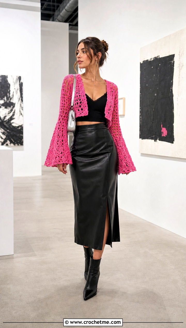 Bell Sleeve Crop Crochet Cardigan With Leather Midi Skirt - 25 crop crochet cardigan outfit ideas