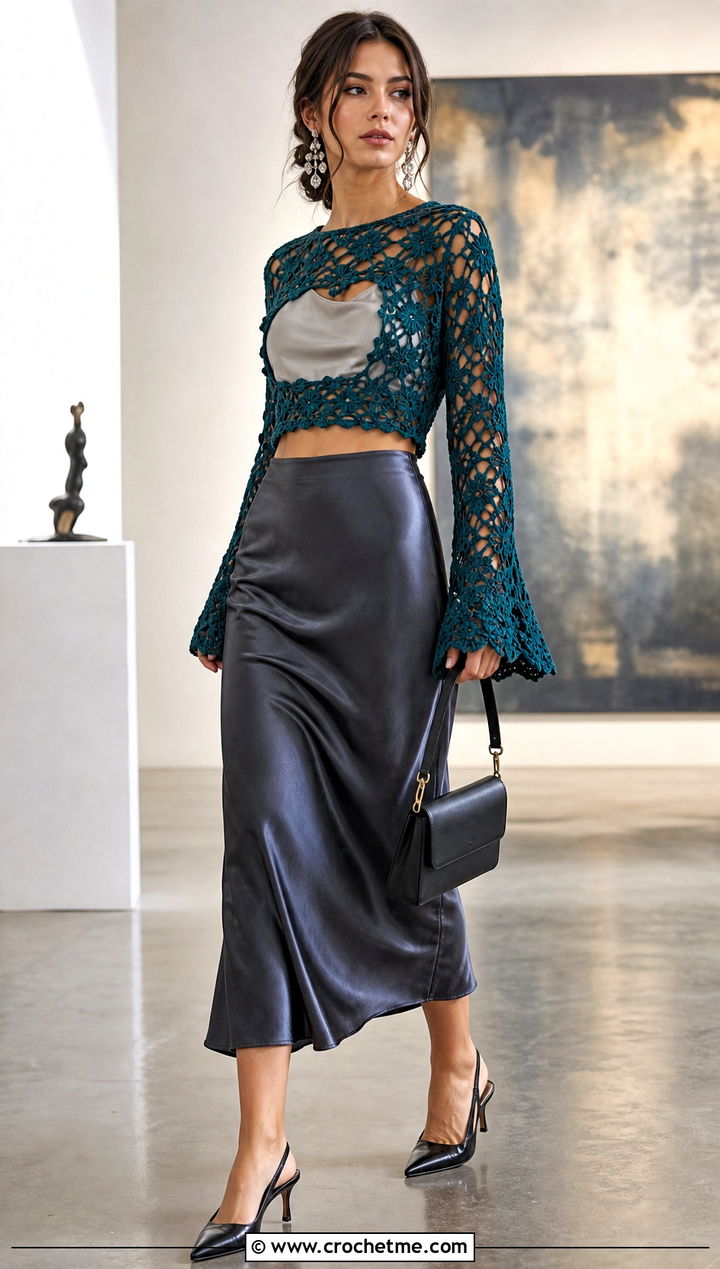 Bell Sleeve Crop Crochet Sweater With Satin Midi Skirt - 15 hollow out crop crochet sweater outfit ideas