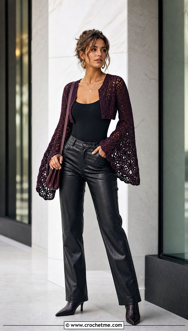 Bell Sleeve Cropped Crochet Cardigan With Leather Pants - 35 cropped crochet cardigan outfit ideas