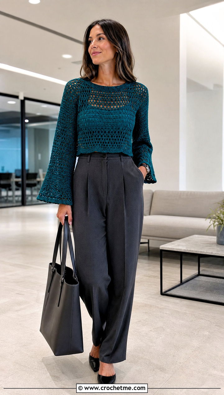 Bell Sleeve Cropped Crochet Pullover With Tailored Trousers - 15 Cropped Crochet Pullover outfit ideas