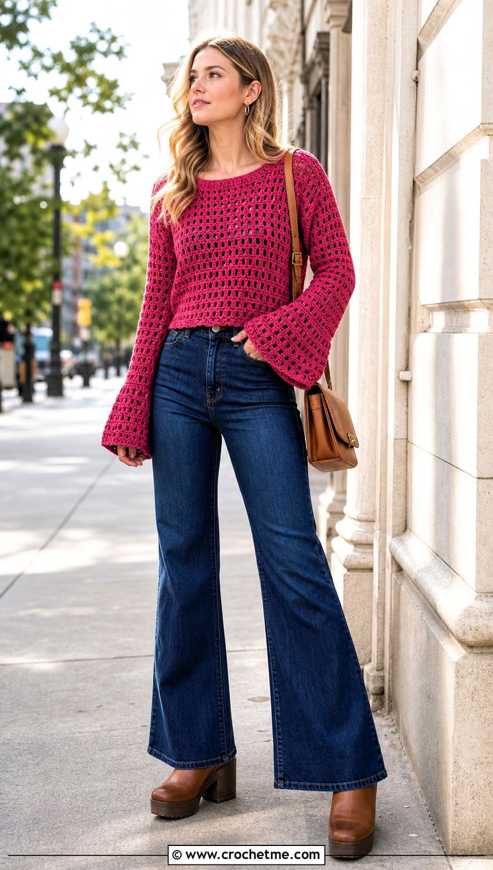 Bell Sleeve DK Weight Crochet Sweater With Flared Jeans - 25 Dk Weight Crochet Sweater outfit ideas