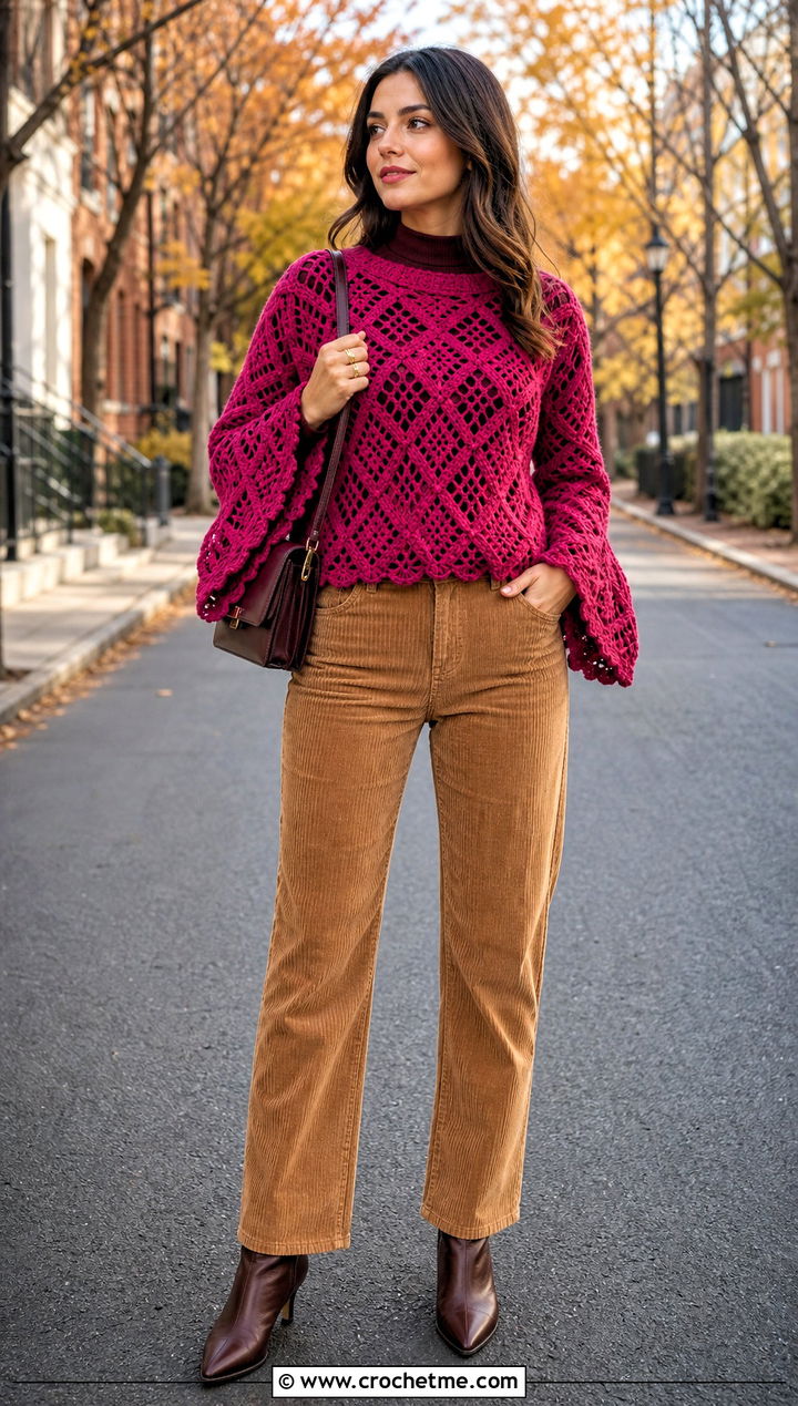 Bell Sleeve Diamond Mesh Stitch Crochet Top With Corduroy Pants - 25 Diamond Mesh Stitch Crochet Top outfit ideas