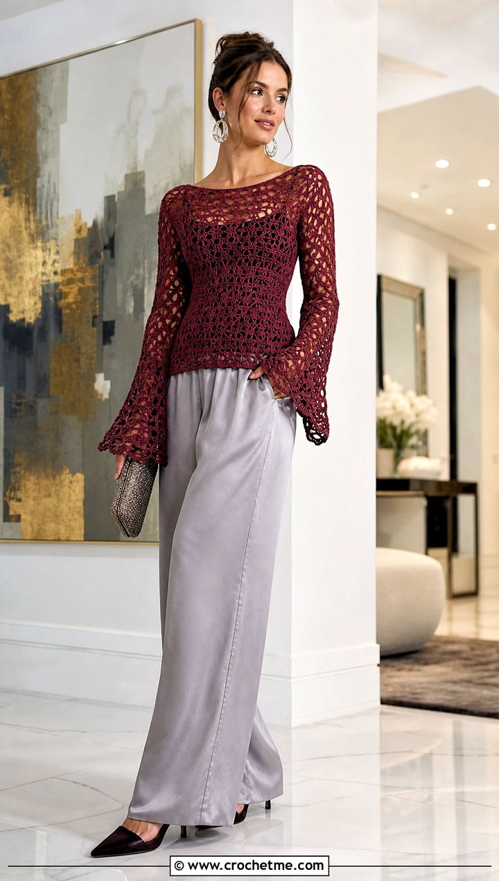 Bell Sleeve Distressed Crochet Sweater With Satin Pants - 35 distressed crochet sweater outfit ideas
