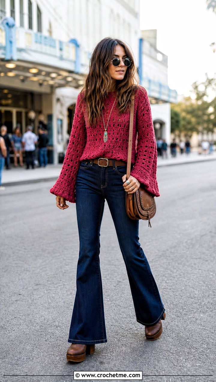 Bell Sleeve Double Crochet Sweater With Flared Jeans - 35 double crochet sweater outfit ideas