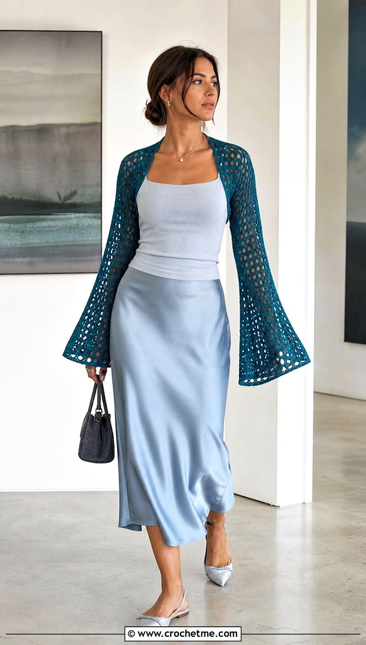 Bell Sleeve Fishnet Crochet Bolero With Satin Midi Skirt - 25 Fishnet Crochet Bolero outfit ideas