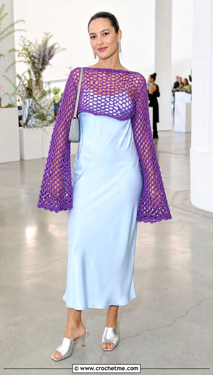 Bell Sleeve Fishnet Crochet Top With A Slip Dress - 25 Fishnet Crochet Top outfit ideas