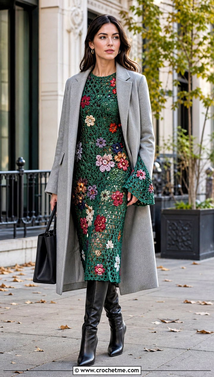 Bell Sleeve Floral Crochet Dress With Knee High Boots - 15 vintage floral crochet dress outfit ideas