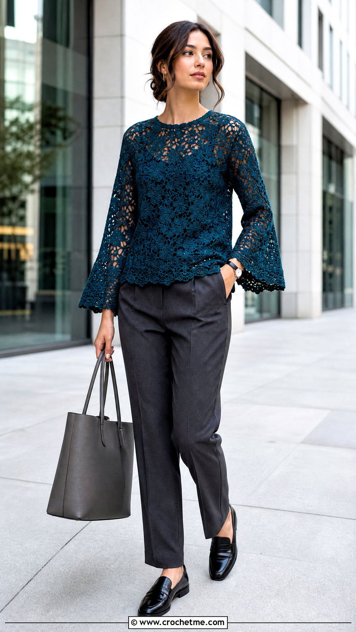 Bell Sleeve Floral Crochet Lace Sweater With Tailored Trousers - 35 crochet lace sweater outfit ideas