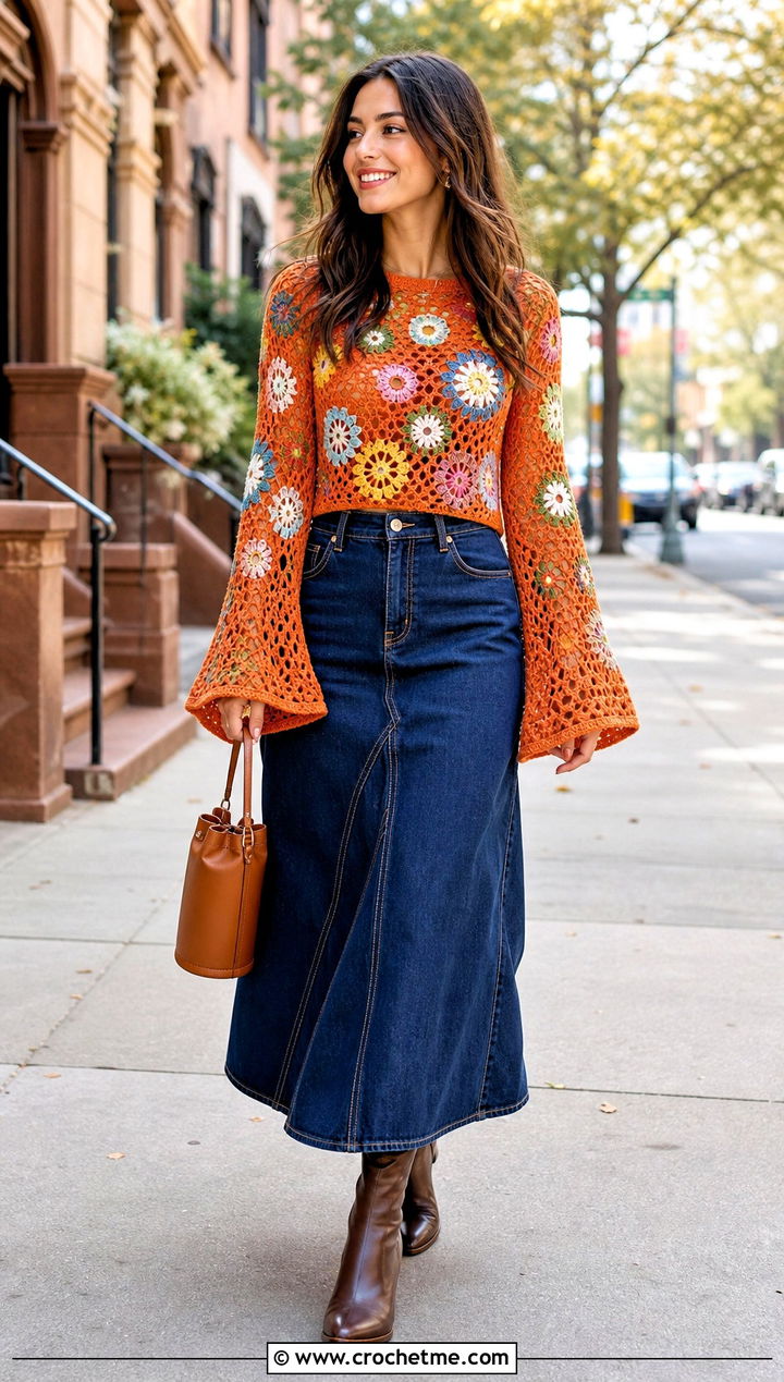 Bell Sleeve Floral Crochet Sweater With Denim Maxi Skirt - 15 floral crochet sweater style outfit ideas