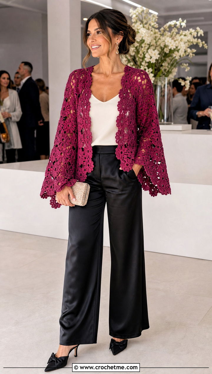 Bell Sleeve Flower Crochet Cardigan With Satin Pants - 25 Flower Crochet Cardigan outfit ideas