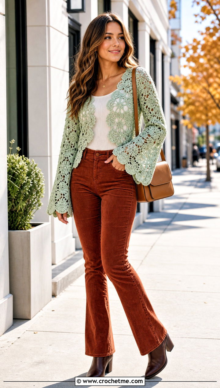 Bell Sleeve Flower Crochet Top With Corduroy Pants - 35 crochet top with flowers outfit ideas