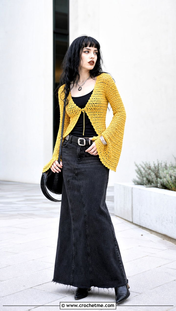Bell Sleeve Goth Crochet Cardigan With Denim Maxi Skirt - 15 goth crochet cardigan outfit ideas