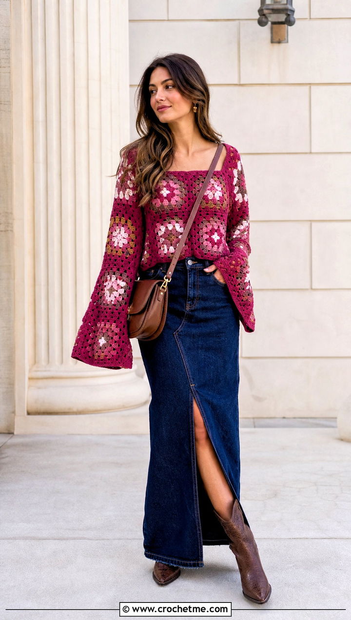 Bell Sleeve Granny Square Blouse Top With A Denim Maxi Skirt - 35 granny square crochet top outfit ideas