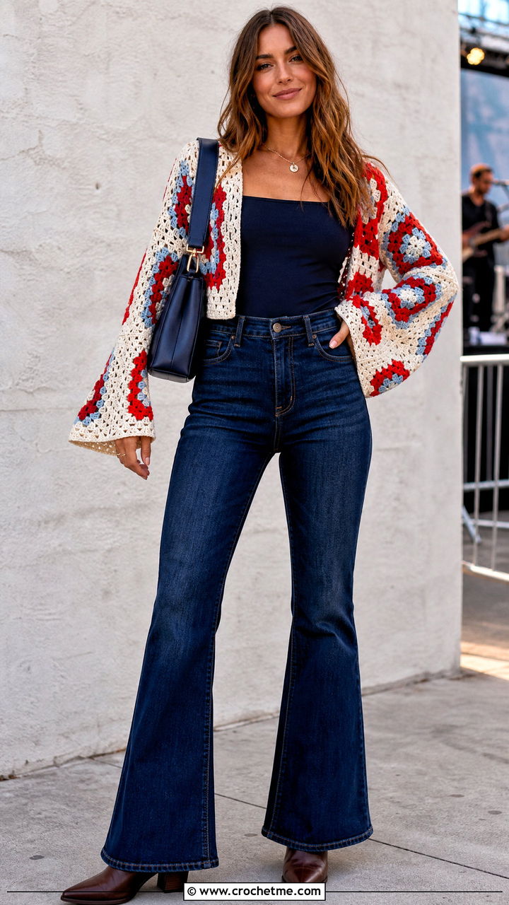 Bell Sleeve Granny Square Cardigan With Flared Jeans - 35 crochet granny square cardigan outfit ideas