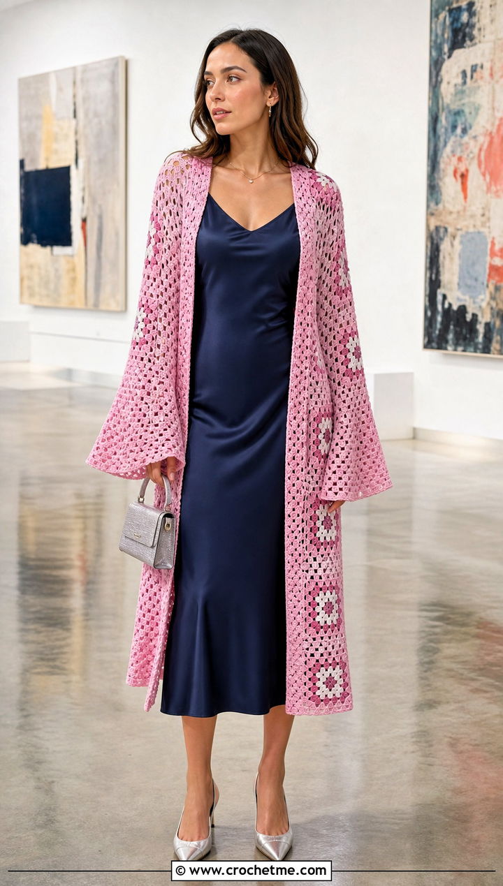 Bell Sleeve Granny Square Crochet Duster With Slip Dress - 15 Granny Square Crochet Duster outfit ideas