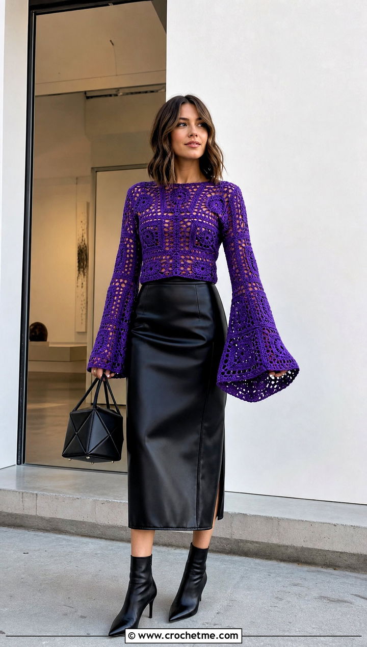 Bell Sleeve Granny Square Crochet Long Sleeve Top With Leather Skirt - 25 Granny Square Crochet Long Sleeve Top outfit ideas