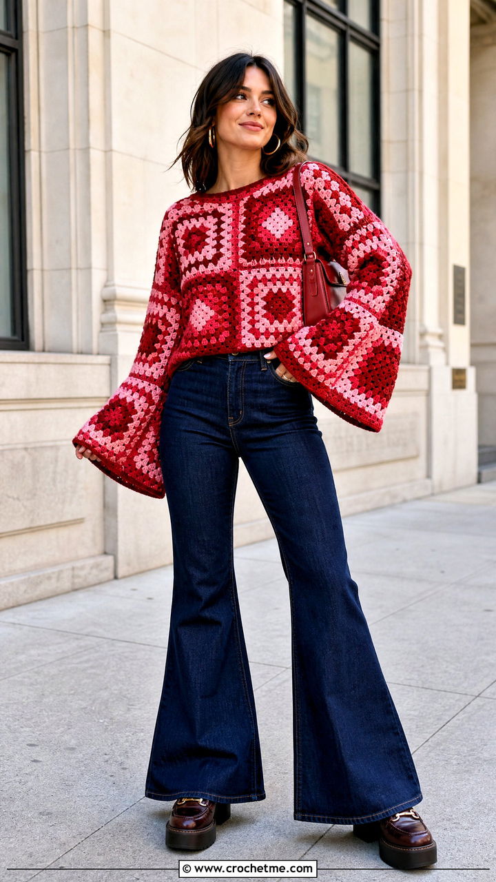 Bell Sleeve Granny Square Crochet Sweater With Flared Jeans - 35 granny square crochet sweater outfit ideas
