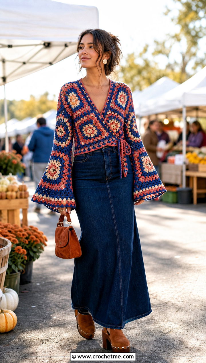 Bell Sleeve Granny Square Crochet Wrap Top With Denim Maxi Skirt - 30 crochet wrap around top outfit ideas