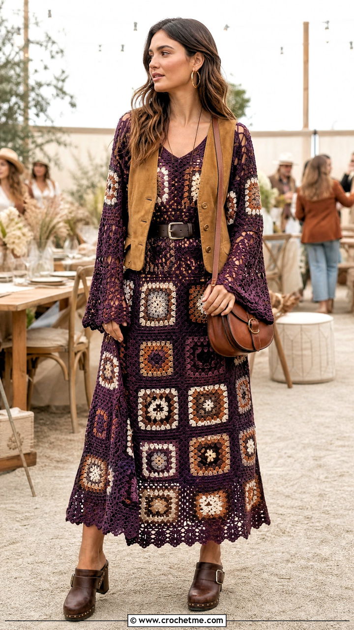 Bell Sleeve Granny Square Dress With Suede Vest And Clogs - 35 granny square dress outfit ideas