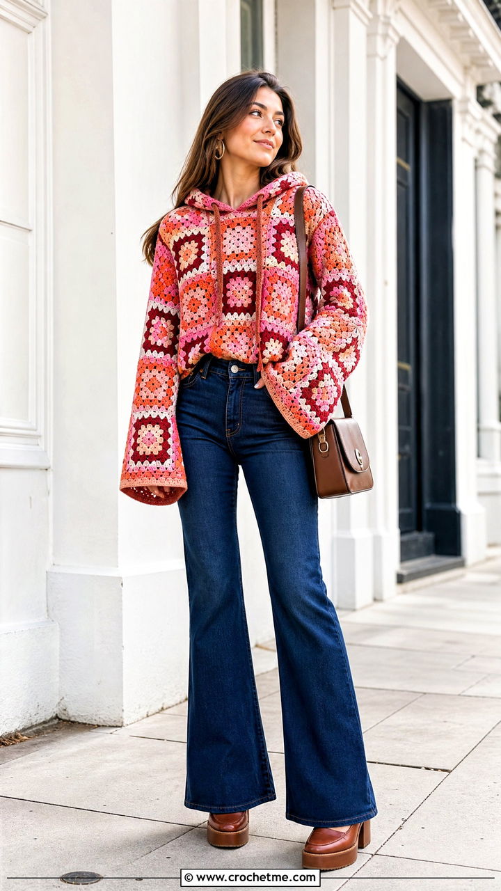 Bell Sleeve Granny Square Hoodie With Flared Jeans - 35 granny square hoodie outfit ideas