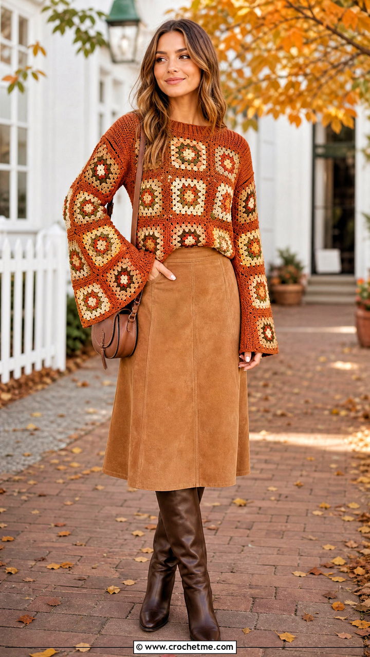 Bell Sleeve Granny Square Jumper With Suede Midi Skirt - 35 crochet granny square jumper outfit ideas