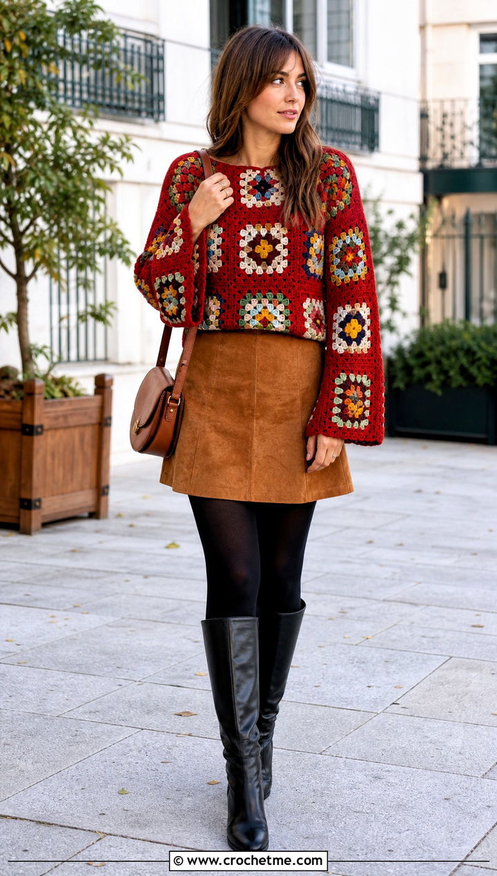 Bell Sleeve Granny Square Jumper With Suede Mini Skirt - 35 granny square jumper outfit ideas