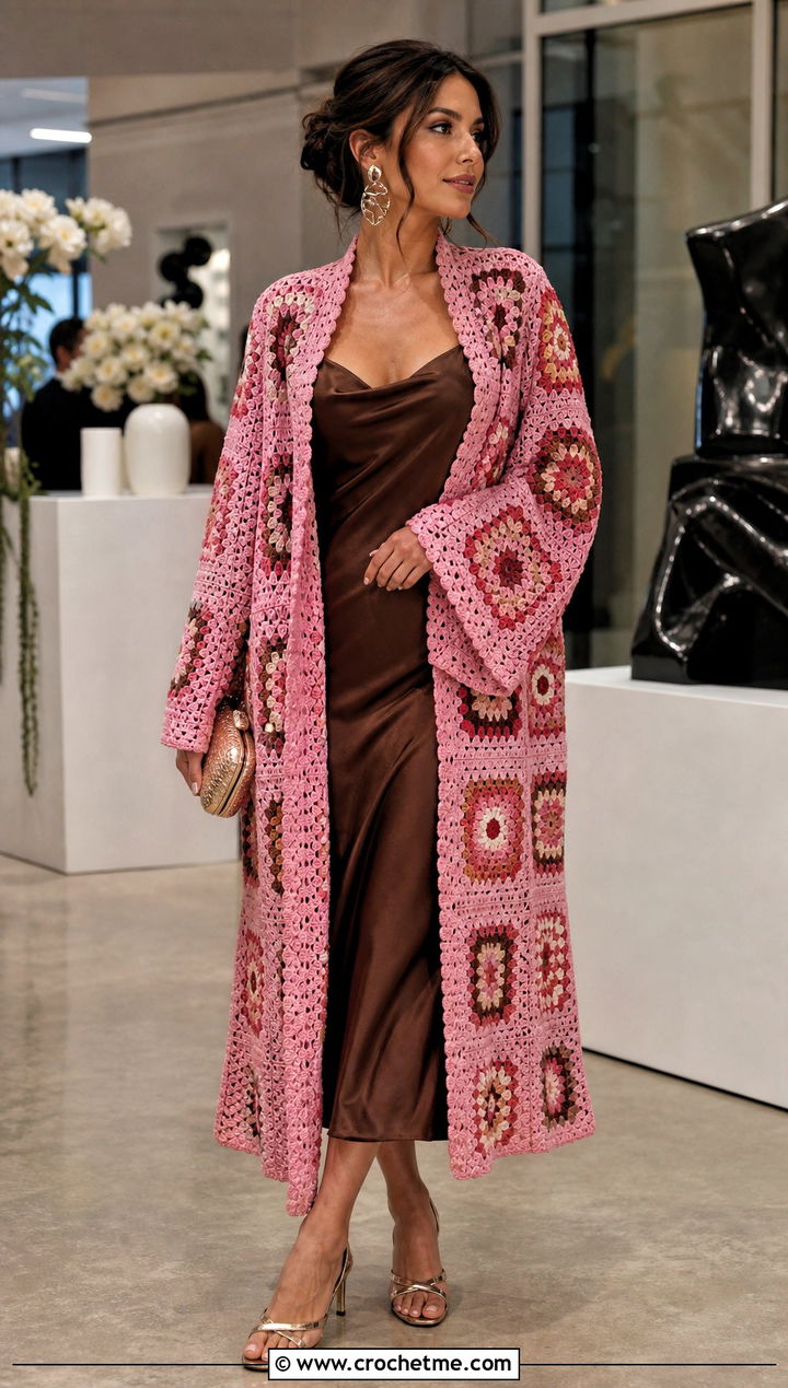 Bell Sleeve Granny Square Kimono With Satin Slip Dress - 15 crochet granny square kimono outfit ideas