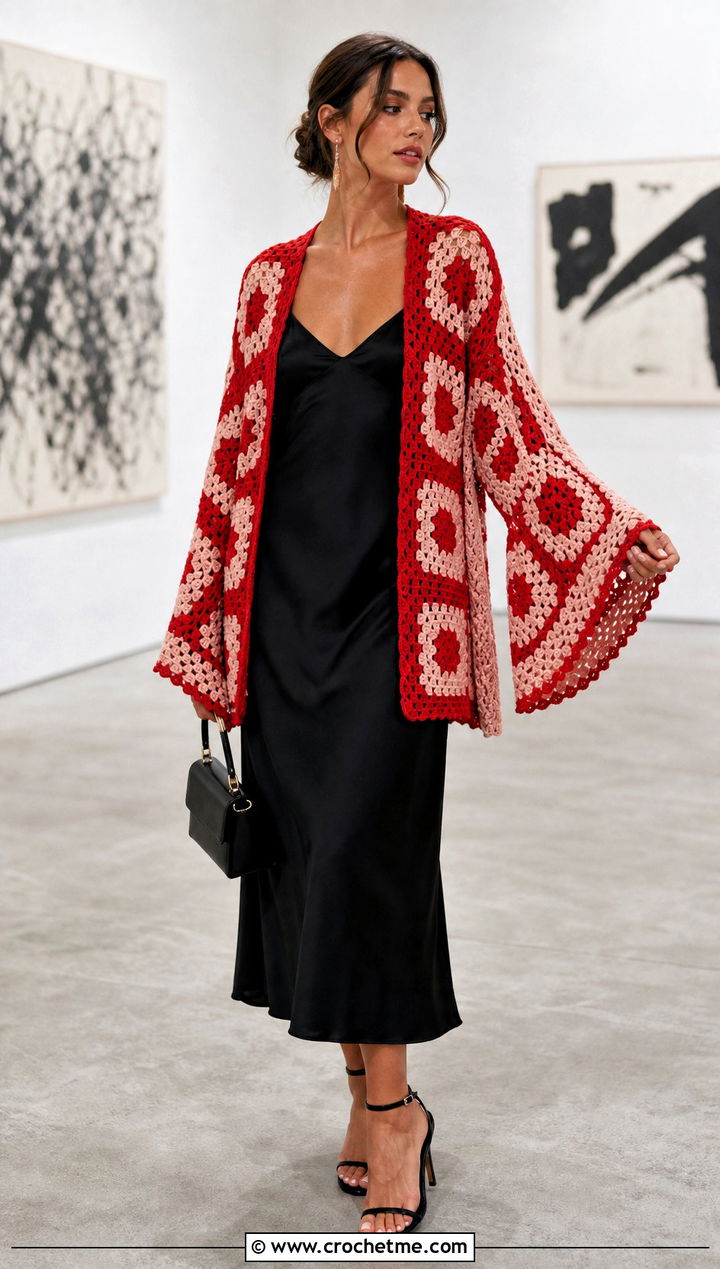Bell Sleeve Granny Square Kimono With Slip Dress - 30 granny square kimono outfit ideas